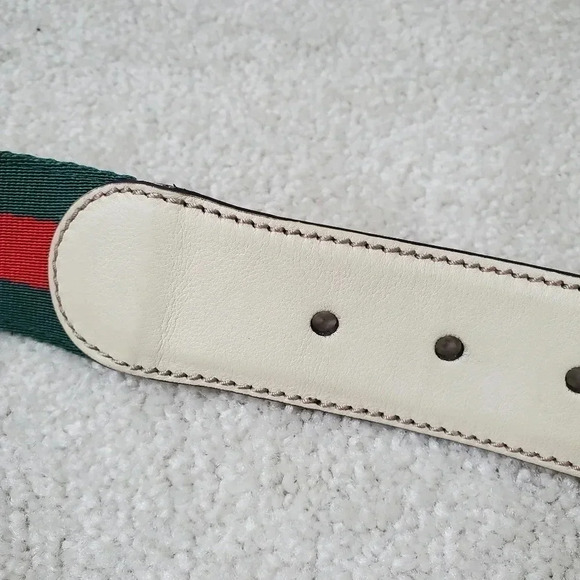Gucci Green & Red Web Canvas Belt Leather Trim Gold Horsebit Buckle Unisex - Picture 7 of 13
